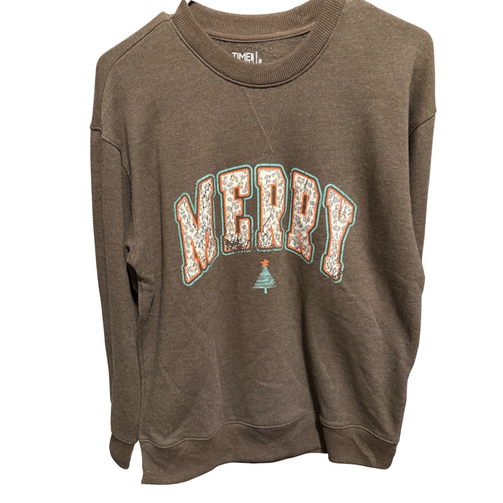 TIME and TRU Merry Christmas Tree leopard Graphic crew Sweatshirt Brown Sz Small